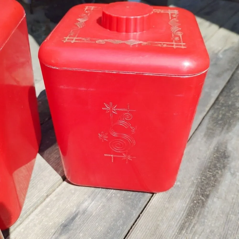 Four Vintage Lustro Ware Canister Set Mid Century Red Plastic Lids Flour Sugar +